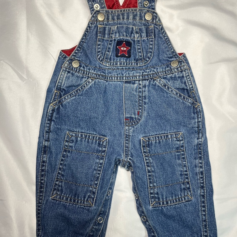 Vintage Faded Glory Baby 3/6M Denim Sheriff Overalls Y2K‎ Red Lined EUC